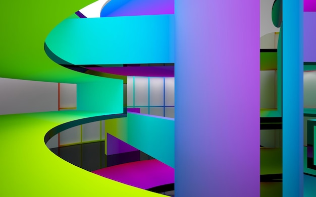 абстрактный архитектурный интерьер с градиентной геометрической стеклянной скульптурой с черными линиями 3D