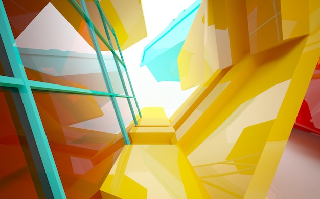 abstract architectural interior with gradient geometric glass sculpture with black lines. 3D