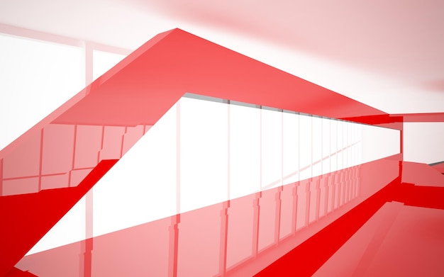 abstract architectural interior with white red and blue sculpture 3D illustration and rendering