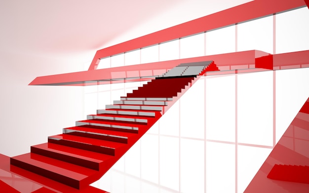 abstract architectural interior with white red and blue sculpture 3D illustration and rendering