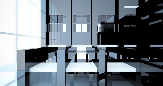 大きな窓を持つミニマリストの家の抽象的な建築の白と黒の光沢のあるインテリア 3D