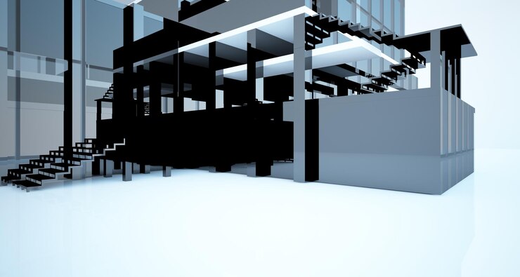 Photo abstract architectural white and black gloss interior of a minimalist house with large windows 3d