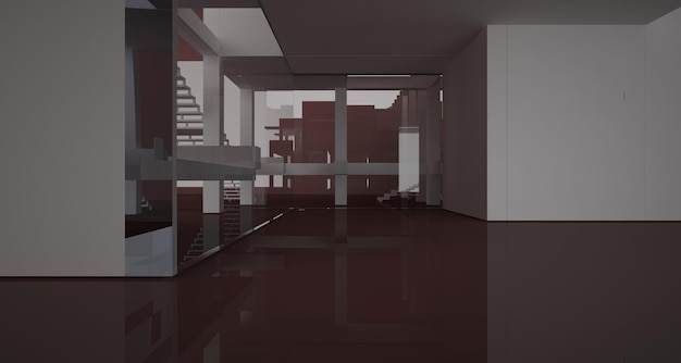 Abstract architectural white and black gloss interior of a minimalist house with large windows 3D