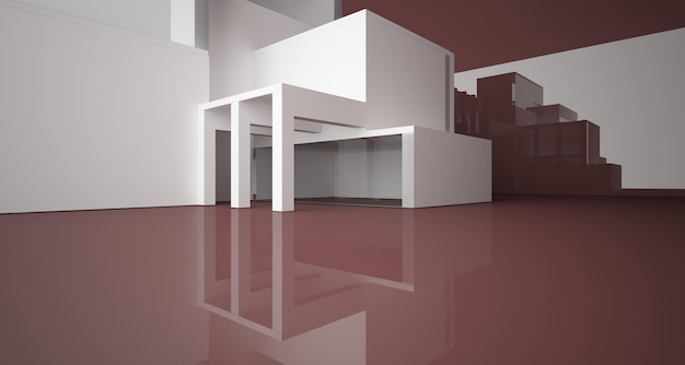 Abstract architectural white and black gloss interior of a minimalist house with large windows 3D