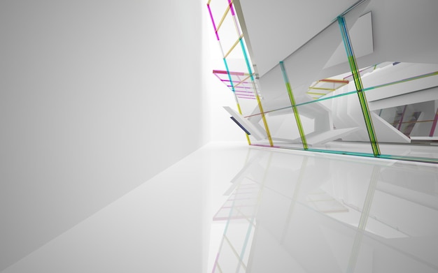 Abstract architectural white and glass gradient color interior of a minimalist house with large wind