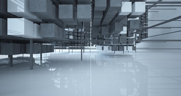 Abstract architectural white interior from an array of concrete cubes with large windows 3D