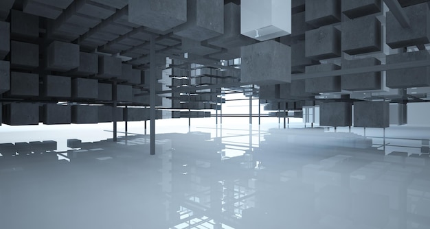 Abstract architectural white interior from an array of concrete cubes with large windows 3D