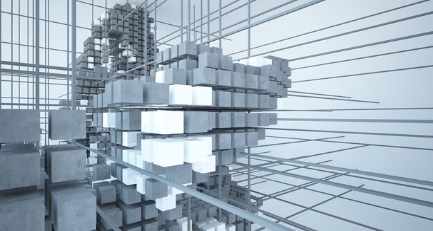 Abstract architectural white interior from an array of concrete cubes with large windows 3D