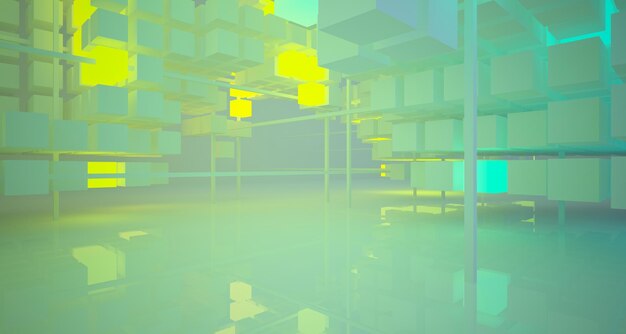 Abstract architectural white interior from an array of white cubes with color gradient neon lighting