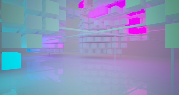 Photo abstract architectural white interior from an array of white cubes with color gradient neon lighting