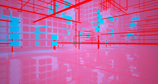 Abstract architectural white interior from an array of white cubes with color gradient neon lighting