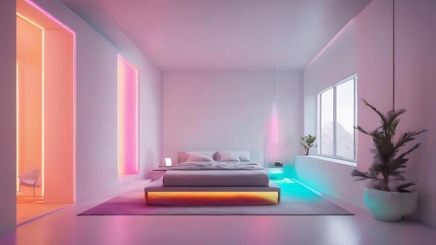 Abstract architectural white interior of a minimalist house with color gradient neon lighting 3d