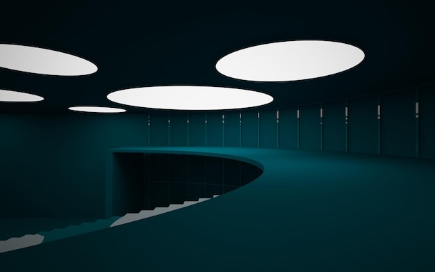 Abstract architectural white interior of a minimalist house with color gradient neon lighting 3D