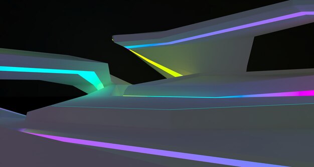 Abstract architectural white interior of a minimalist house with color gradient neon lighting 3D