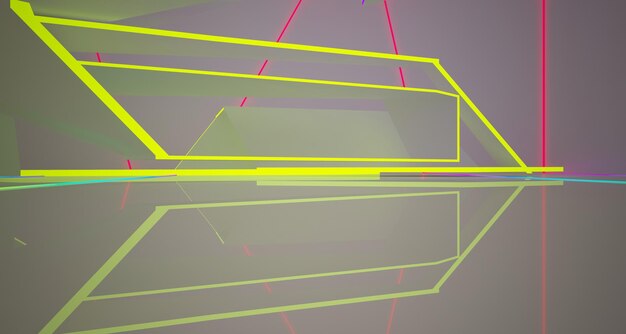 Abstract architectural white interior of a minimalist house with color gradient neon lighting 3D