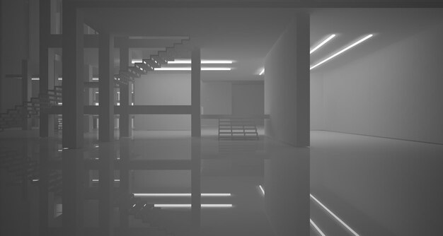 Abstract architectural white interior of a minimalist house with large windows 3d illustration