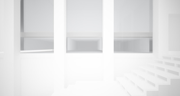 Abstract architectural white interior of a minimalist house with large windows 3D illustration