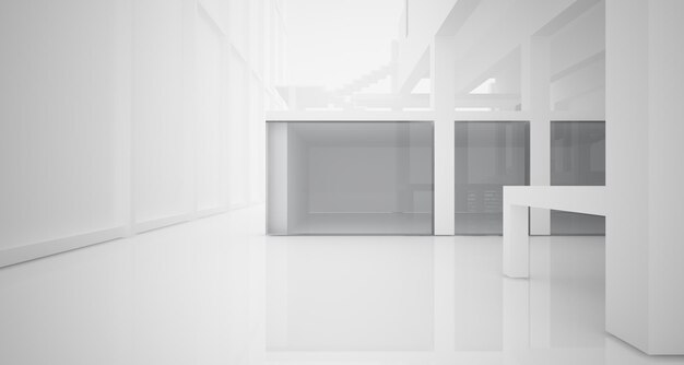 Abstract architectural white interior of a minimalist house with large windows 3D illustration