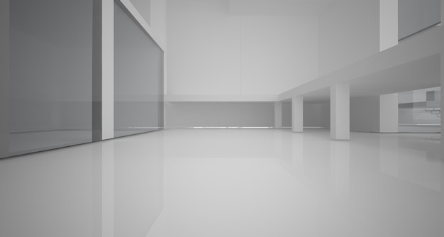 대형 창문 3D 삽화가 있는 미니멀한 집의 추상적 건축 흰색 인테리어