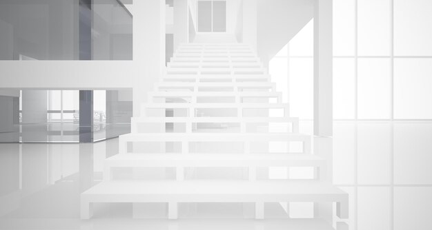 Abstract architectural white interior of a minimalist house with large windows 3D illustration