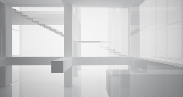 Abstract architectural white interior of a minimalist house with large windows 3D illustration