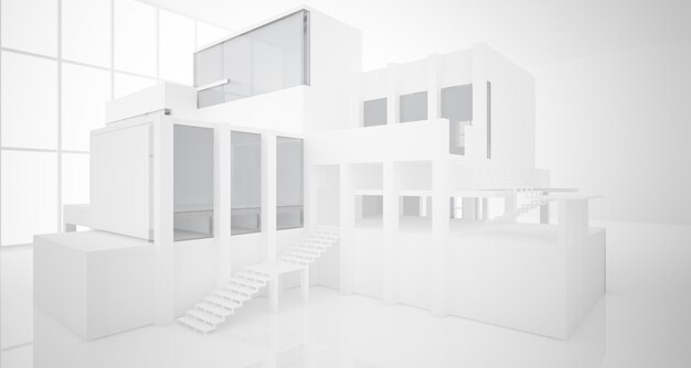 Abstract architectural white interior of a minimalist house with large windows 3D illustration and