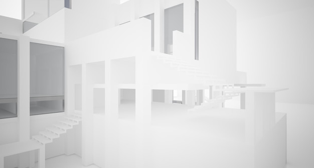 Abstract architectural white interior of a minimalist house with large windows 3D illustration and