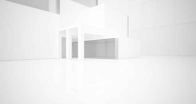 대형 창문 3D 일러스트레이션을 갖춘 미니멀리스트 주택의 추상적 건축 흰색 인테리어