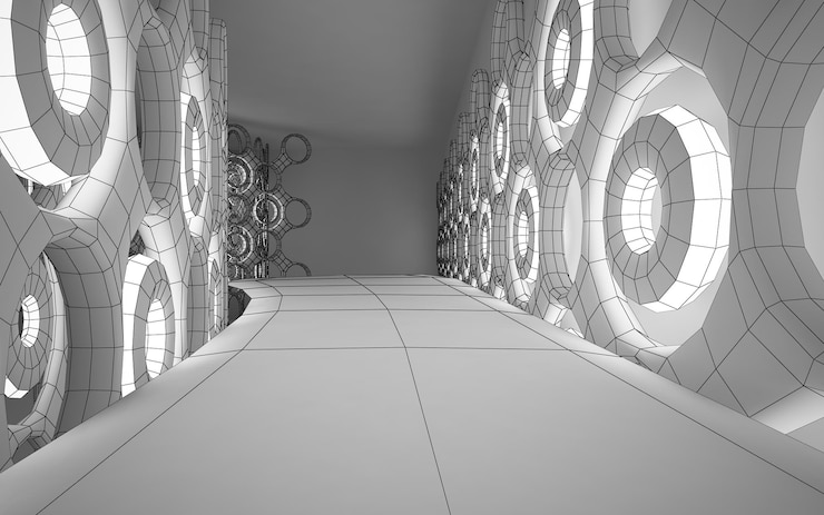 Photo abstract architectural white interior of a minimalist house with neon lighting. drawing. 3d