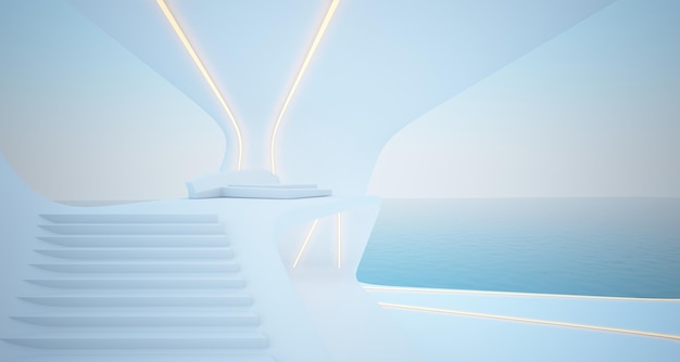 현대적인 빌라 3D 그림 및 렌더링의 추상 건축 흰색 인테리어