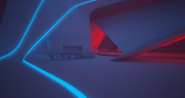 Abstract architectural white interior of a modern villa on the sea with colored neon lighting 3D