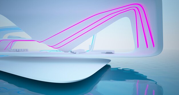 Abstract architectural white interior of a modern villa on the sea with colored neon lighting 3d