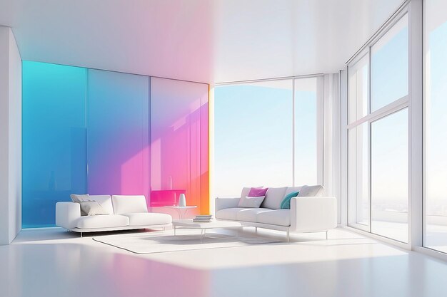 Abstract architectural white interior with color gloss gradient of a minimalist house with large windows 3d illustration and rendering