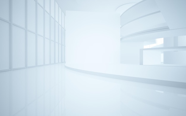 Abstract architectural white smooth interior of a minimalist house with large windows 3D