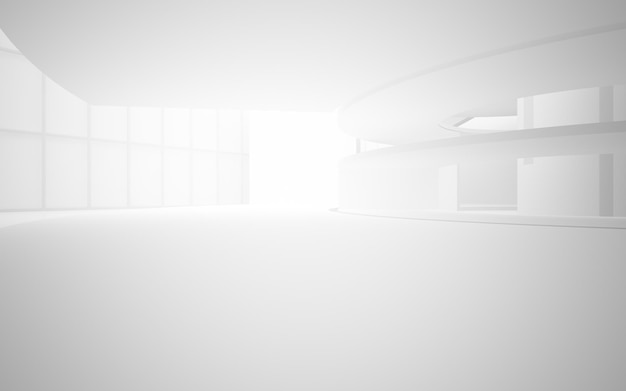 Abstract architectural white smooth interior of a minimalist house with large windows 3D