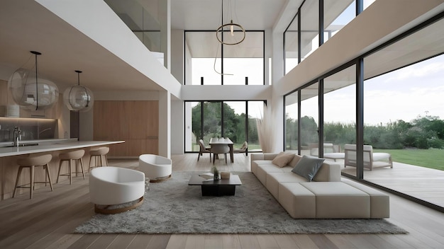 Abstract architectural white smooth interior of a minimalist house with large windows 3d