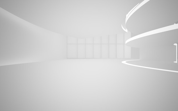 Фото Абстрактный архитектурный белый гладкий интерьер минималистского дома с большими окнами 3d