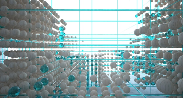 大きな窓を持つ球体の配列からの抽象的な建築用木材とガラスのインテリア 3D