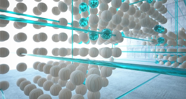 Abstract architectural wood and glass interior from an array of spheres with large windows 3D