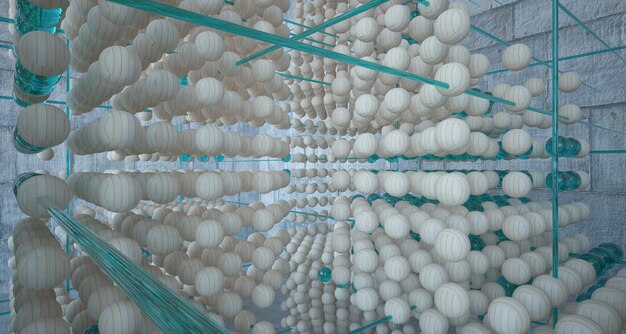 Абстрактный архитектурный интерьер из дерева и стекла из множества сфер с большими окнами 3D