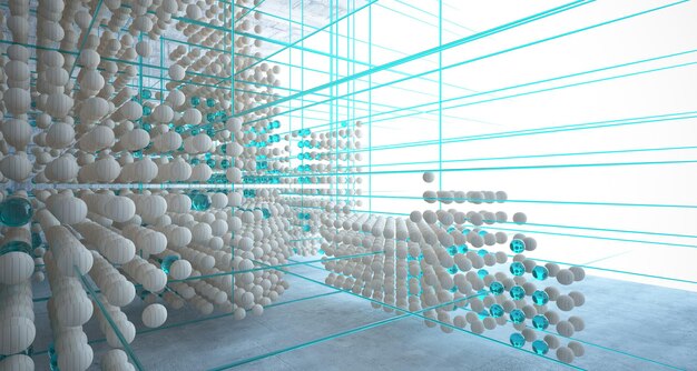 大きな窓を持つ球体の配列からの抽象的な建築用木材とガラスのインテリア 3D