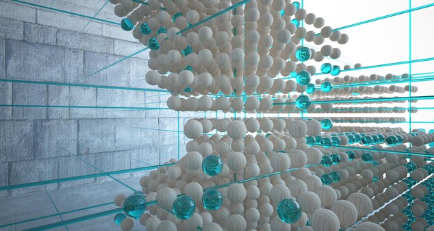 Абстрактный архитектурный интерьер из дерева и стекла из множества сфер с большими окнами 3D