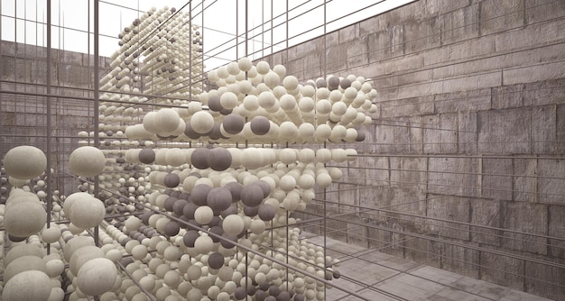 Abstract architectural wood and glass interior from an array of spheres with large windows 3D