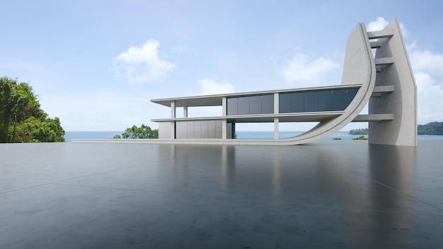 현대적인 건물의 추상적인 건축 디자인 빈 주차장 콘크리트 바닥과 해변