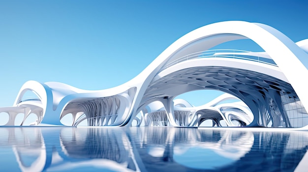 Абстрактная архитектурная сцена с гладкими кривыми Абстрактный фон с футуристическим зданием в белых и синих цветах