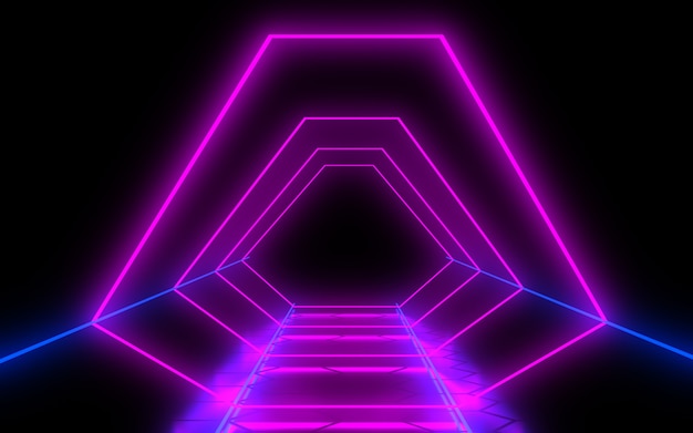 Abstract architecture tunnel with neon light. 3d illustration