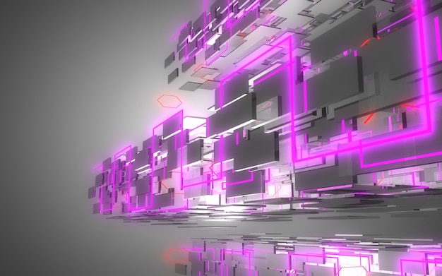 Abstract architecture tunnel with neon light. 3d illustration