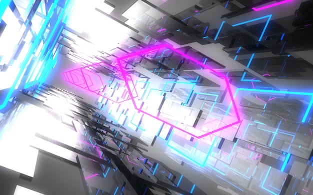 Abstract architecture tunnel with neon light. 3d illustration