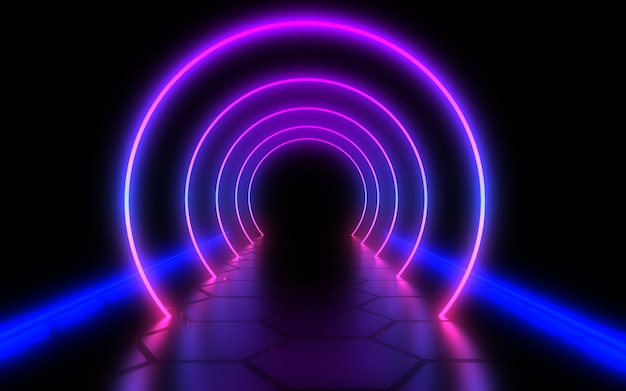 Abstract architecture tunnel with neon light. 3d illustration