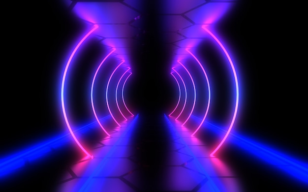 Abstract architecture tunnel with neon light. 3d illustration